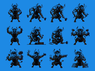 Powerful Bull Mascot Character Set: Strength, Craftsmanship & Problem Solving
