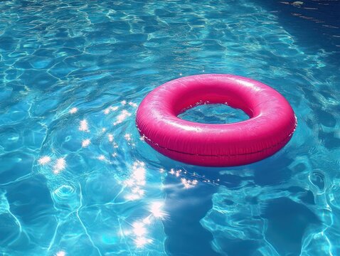 pink inflatable ring floating on shimmering blue pool water with sunlit sparkles, evoking a relaxed playful summer mood
