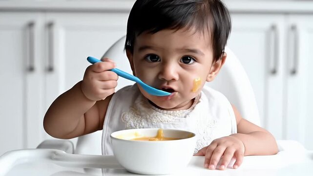 Cute Little Baby in White Bib Eating Pumpkin Puree with Blue Spoon in High Chair Against White Cabinet Background