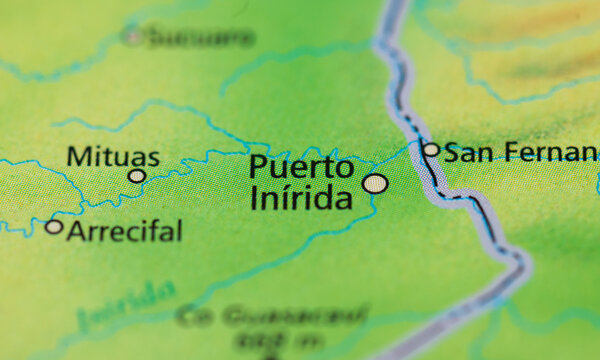 Close up map of Puerto Inirida region in Colombia.