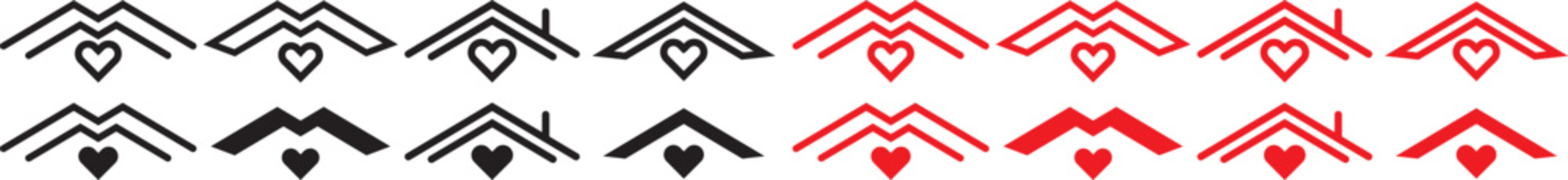 House Icon with Heart for Real Estate and Family. Love Home Living Symbols. Heart inside house roof icon. Home love real estate icon showing house with heart symbol minimal black vector illustration 