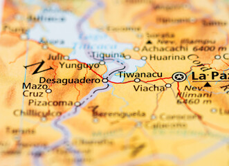 Obraz premium Map close up of Lake Titicaca area and western Bolivia.