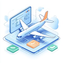 passenger airplane on a digital tablet with a flight dashboard screen, cloud icons, checkmark buttons and dotted flight path conveying modern efficient travel planning