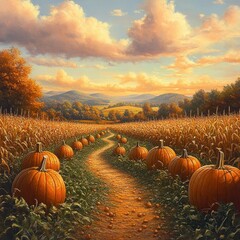 Winding dirt path through a pumpkin patch and tall cornfield under a glowing autumn sky, serene and nostalgic countryside