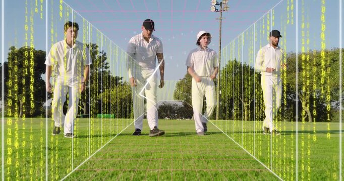 Four cricketers bending, collecting balls and walking for training, starting 3D grid marker syncing