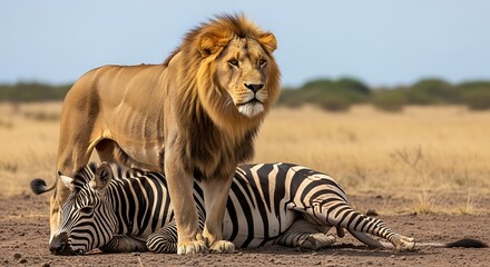 Lion standing over dead zebra savannah.