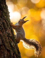 Squirrel clings to tree, tail backlit. Warm sunlight and blurred bokeh create a vibrant autumn backdrop