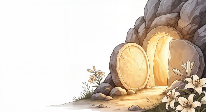 Watercolor illustration of the Resurrection with a glowing empty tomb, rolled stone, and lilies. For church bulletins, Easter cards, and religious publications.