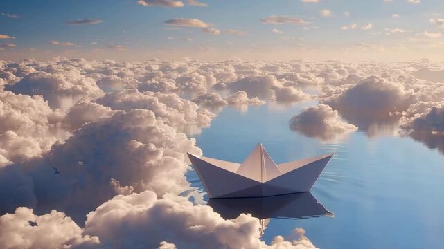 White paper boat sailing on clear blue ocean water with white fluffy clouds. Creative concept design. Calm water with reflection