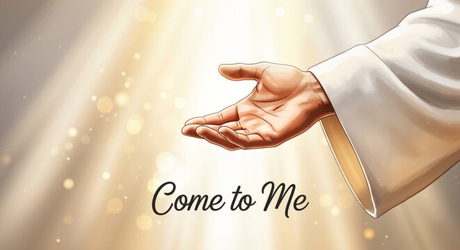 Religious illustration of a hand reaching out with a divine invitation and text. For church websites, spiritual blogs, and messages of hope and grace.