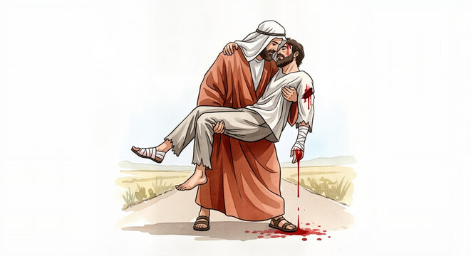Illustration of the Good Samaritan parable, showing a traveler caring for a wounded man. A symbol of kindness and mercy for religious teachings and charity websites.