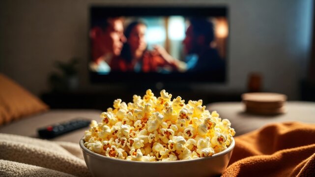 Cozy movie night at home with popcorn and tv in background.