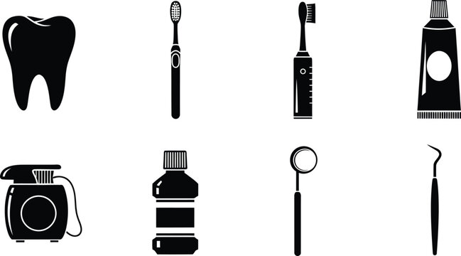 Dental icon collection tooth brush paste and more dental care symbols