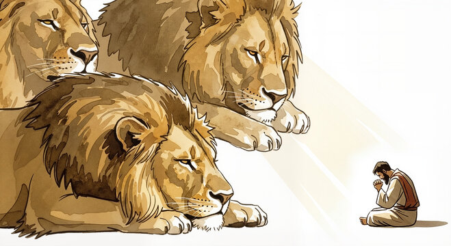 Biblical illustration of Daniel in the lions' den, a story of unwavering faith and divine protection. For children's Bible stories, church lessons, and content on courage.