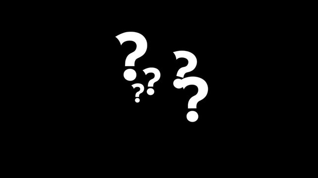 Many question marks floating on black background. Question mark animation flat and 3d on transparent screen alpha looping 4k question mark.