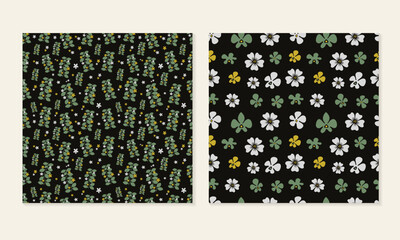 Collection of Botanical Seamless Patterns with Small Flowers and Leaves on Black