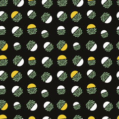 Modern Geometric Sun and Plant Leaf Abstract Seamless Pattern on Black