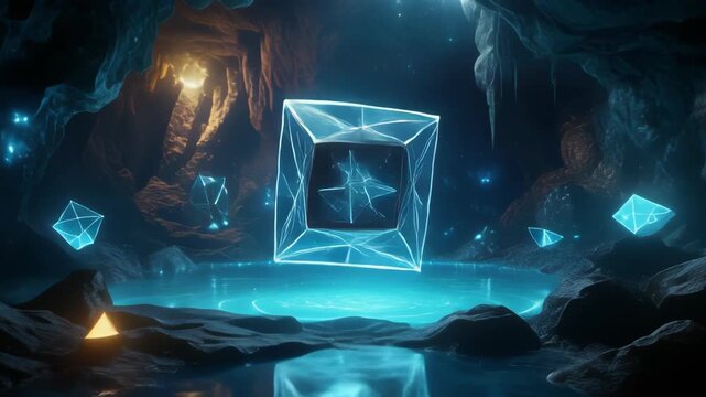 Glowing Blue Crystal Cube Floats Over Icy Cave Pool With Sparkling