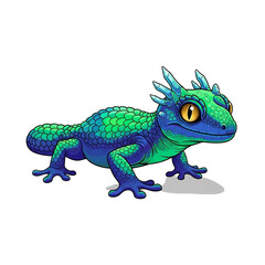 Obraz premium Cartoonish lizard with scaled body: a vibrant blue and green reptile with crystal-like spikes, standing on a plain surface, showcasing its unique design.