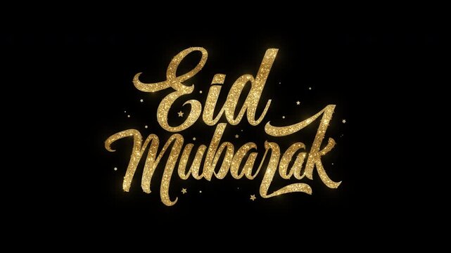 Glitter Golden Eid Mubarak text animation on transparent background, perfect for festive greetings, social media posts, and religious holiday marketing.