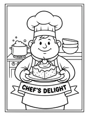 Brownie coloring page for kids shows a friendly chef holding a sweet treat