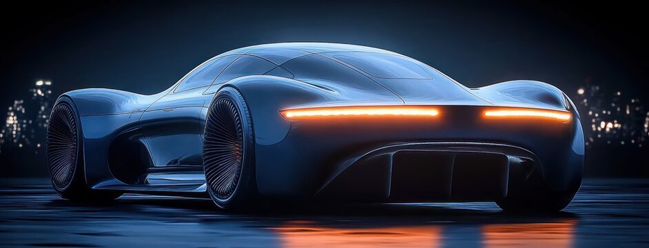 sleek futuristic blue sports car rear view with glowing horizontal taillight bar, turbine-style wheels on wet reflective pavement at night with distant city lights, evoking speed and elegance
