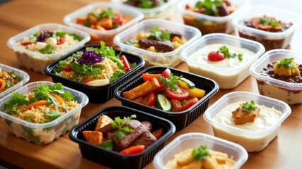 Variety of healthy meal prep containers with diverse dishes on wooden table.