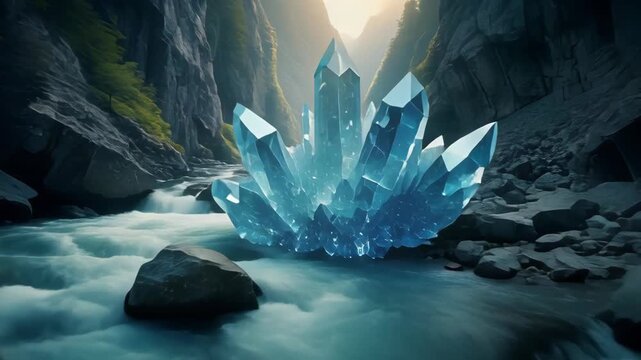 Bright Blue Crystal Formation in Mountain River Gorge at Sunrise