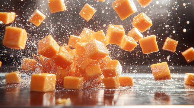 Mango dice bounce dynamic sequence fresh cubed fruit pieces rebounding stainless steel surface natural physics motion blur water splash culinary photography