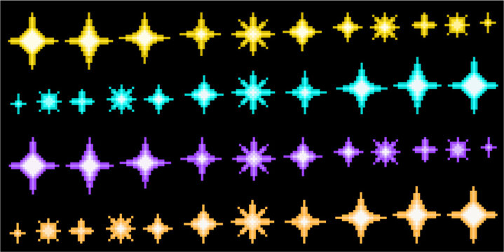 Set editable different color pixel stars burst vector for vibrant indie games. Ideal for symbolizing colorful arcade magic, retro rewards, and space blasts.