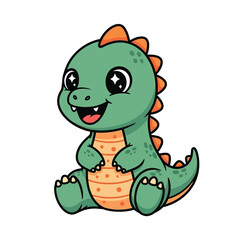 Obraz premium Adorable cartoon green dinosaur sitting happily with big smile and orange spikes on solid white background, kawaii doodle style
