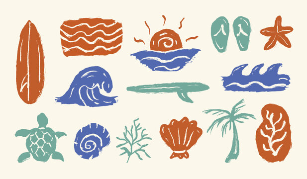 Tropical beach hand drawn illustration set. Summer vintage vector doodle elements. Scribble beach icon collection containing surfboard, wave, ocean, starfish, coral, sunset, sea turtle, palm tree.