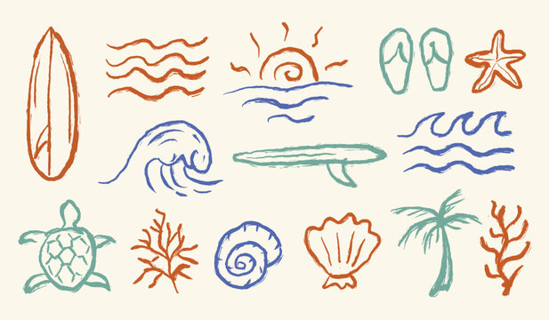 Tropical beach hand drawn illustration set. Summer vintage vector doodle elements. Scribble beach icon collection containing surfboard, wave, ocean, starfish, coral, sunset, sea turtle, palm tree.