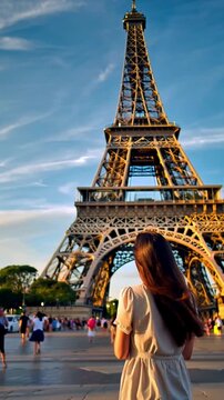 woman traveling to eiffel tower in paris in france