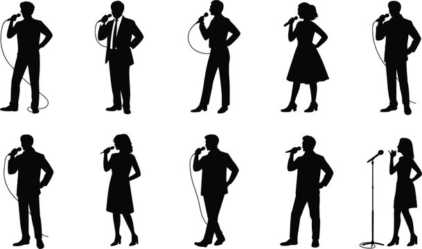 Male and female singer silhouette vector set with microphone, vocal performance poses, stage performer illustration collection