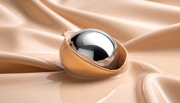 Luxury Liquid Foundation Splash with Chrome Sphere on Silk Background