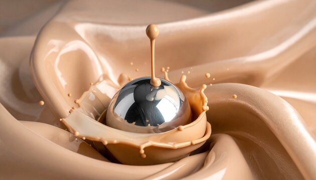 Luxury Liquid Foundation Splash with Chrome Sphere on Silk Background