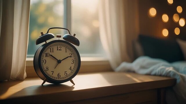 Vintage Alarm Clock on Wooden Table Near Window Morning Light Soft