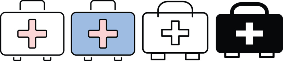 Obraz premium First aid box icon set. Medical emergency and safety symbols. medical equipment. health care element. hospital briefcase sign. accidents and disasters 