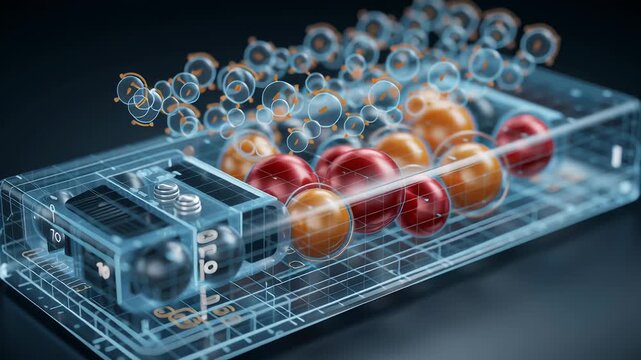 A transparent plastic container filled with a variety of red and orange balls. Close-up of micro battery chemistry simulation projected above device, AI optimizing stability parameters, ai optimized 