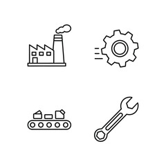 Obraz premium Set of four simple black line icons representing industry and machinery, including a factory, gear, tank, and wrench, in a minimalist style, against a plain white background, symbolizing ind