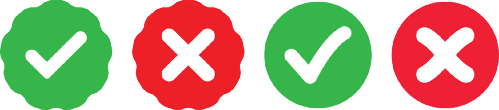 Green check mark and red cross mark icon set. Success and failure symbols. right and wrong buttons. Yes and no signs. checklist signs