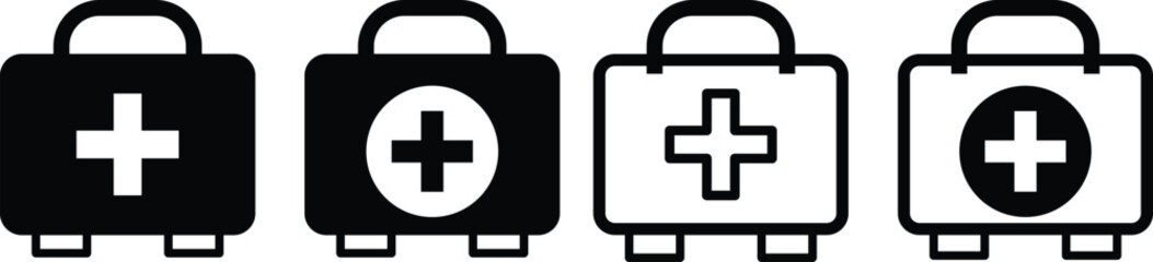 Obraz premium Emergency Medical Symbols. Patient care and recovery icons. First aid kit with cross icon. Pharmacy and health symbols. Workplace safety signs 