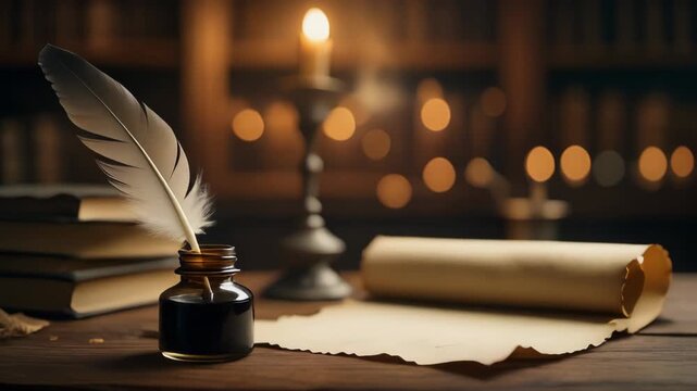 Quill Pen Inkwell Scroll and Books on Wooden Desk Candlelight