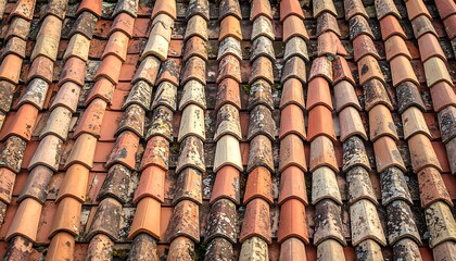 A full overhead view of terracotta roof tiles, showing texture, ageing, and varied warm earthen hues