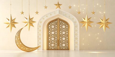 Obraz premium Elegant Ramadan Mubarak and Eid Mubarak greeting with crescent moon, stars, and golden lantern on white marble arch background