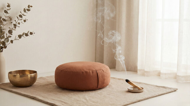 Meditation set with zafu cushion, burning palo santo stick and singing bowl on a mat. Zen interior with smoke and minimalist aesthetic for mental health and relaxation.
