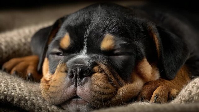 Cute rottweiler puppy resting peacefully on a cozy blanket in a warm indoor setting during a quiet afternoon