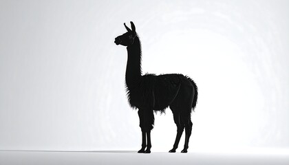 Fototapeta premium A full-body silhouette of a llama standing on a white surface, bathed in soft lighting, displaying its furry coat