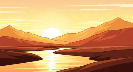 sunset in mountains and river